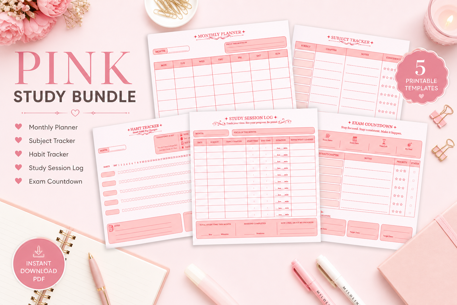 Pink Study Bundle – Printable PDF Planner - Image 2
